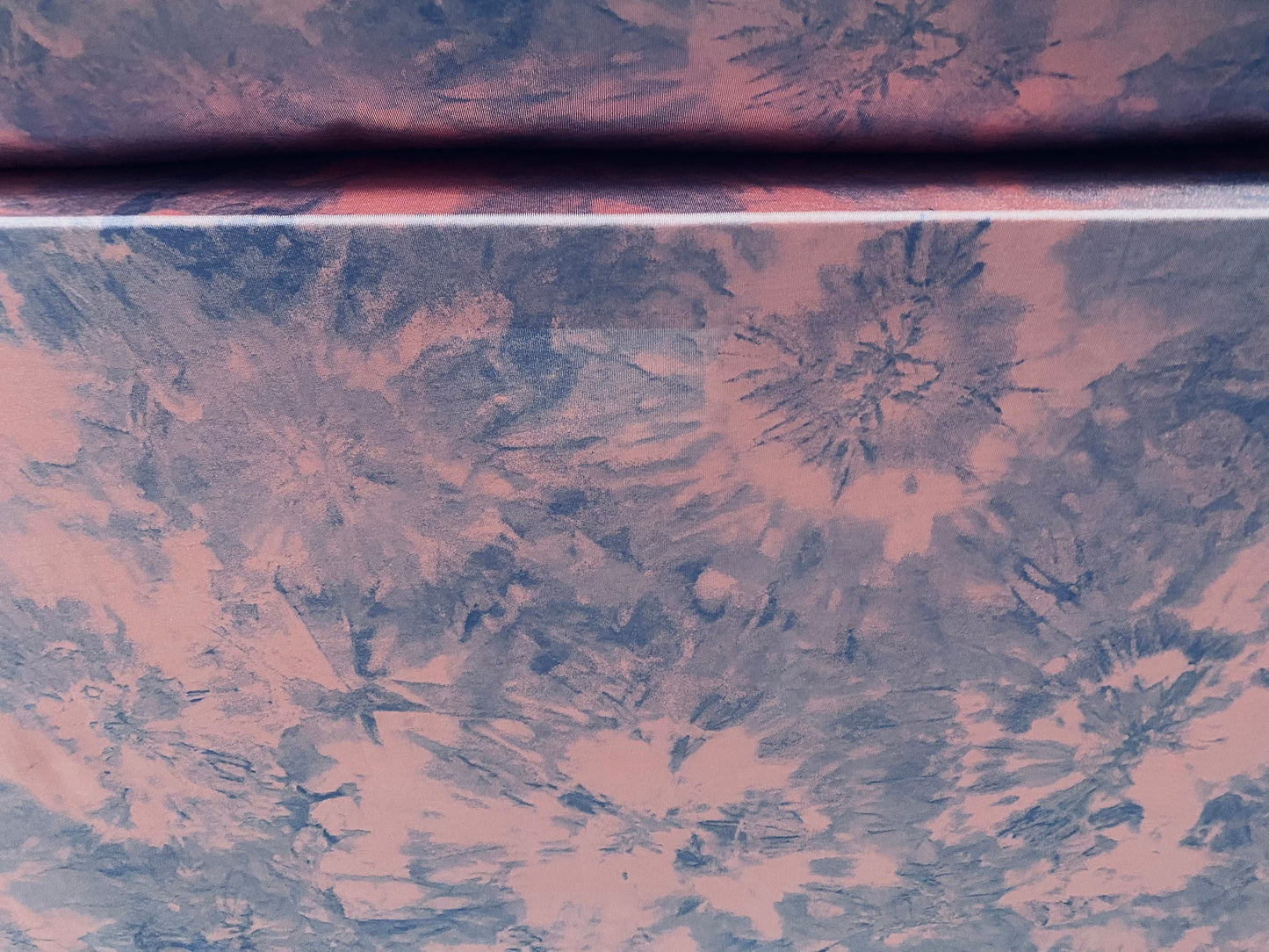 Disco shimmer stretch jersey fabric, per metre - tie dye flower splash print - Rose pink and pale blue