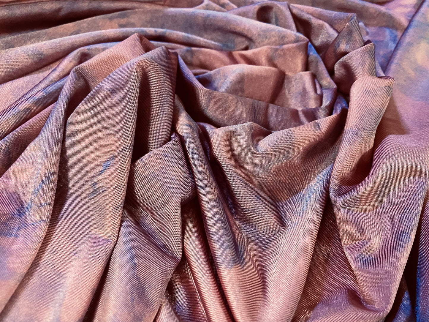 Disco shimmer stretch jersey fabric, per metre - tie dye flower splash print - Rose pink and pale blue