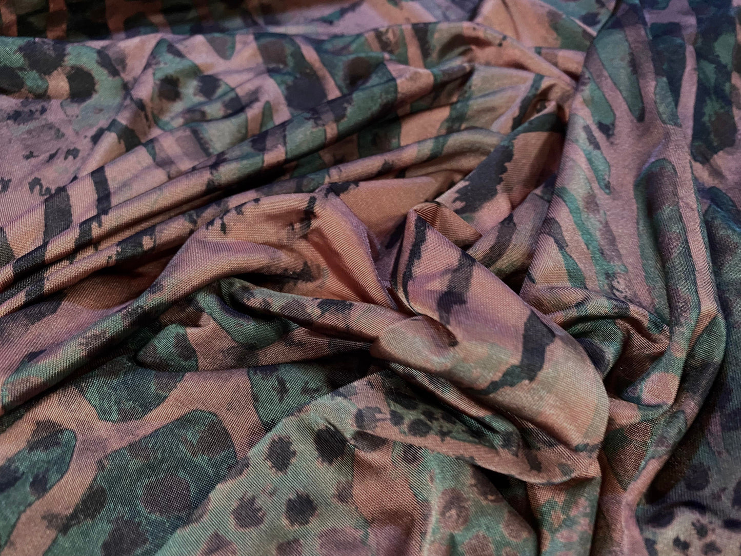 Disco shimmer stretch jersey fabric, per metre - distressed leopardskin animal print - dusky pink & green