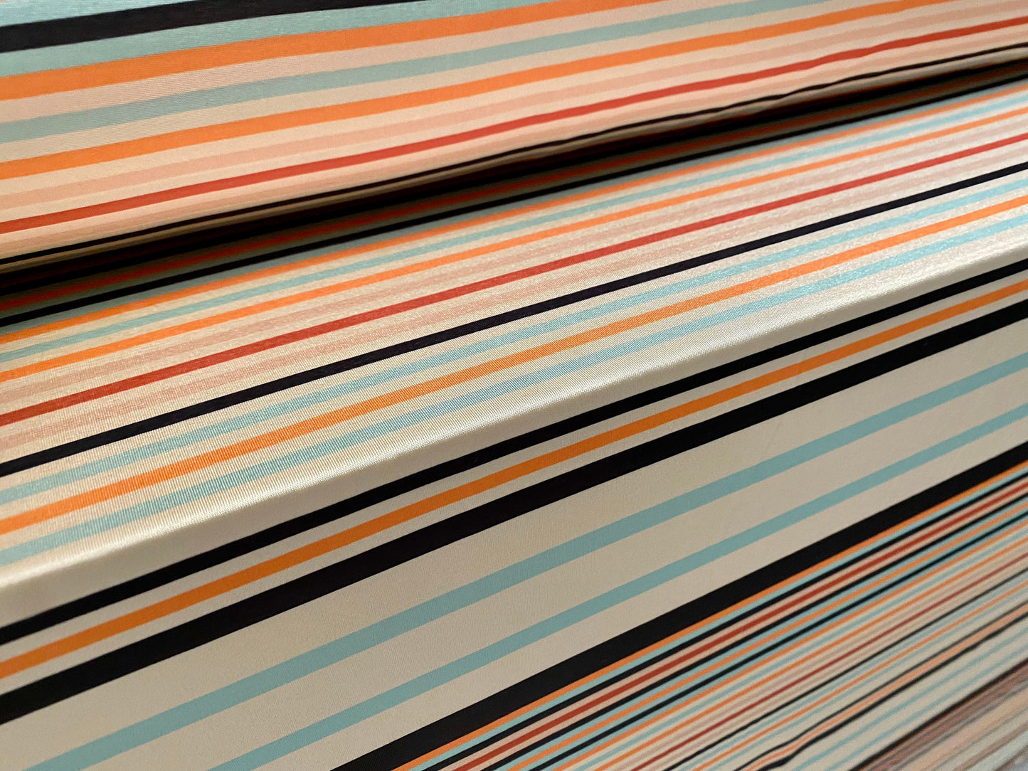 Disco shimmer stretch jersey fabric, per metre - cream multicolour stripe print