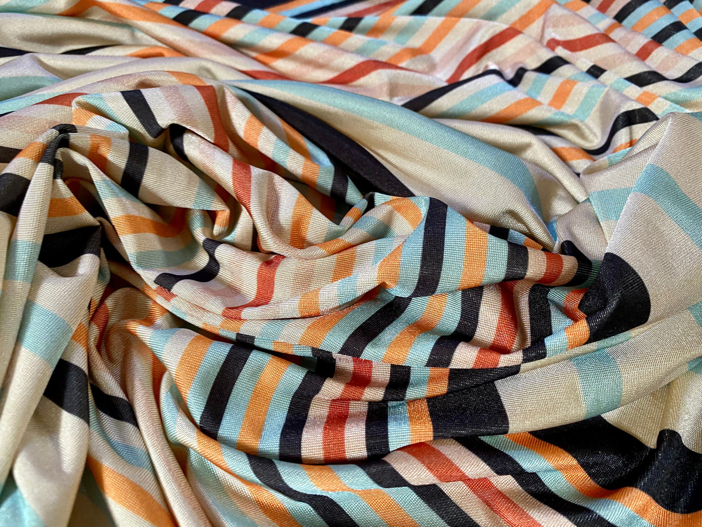Disco shimmer stretch jersey fabric, per metre - cream multicolour stripe print