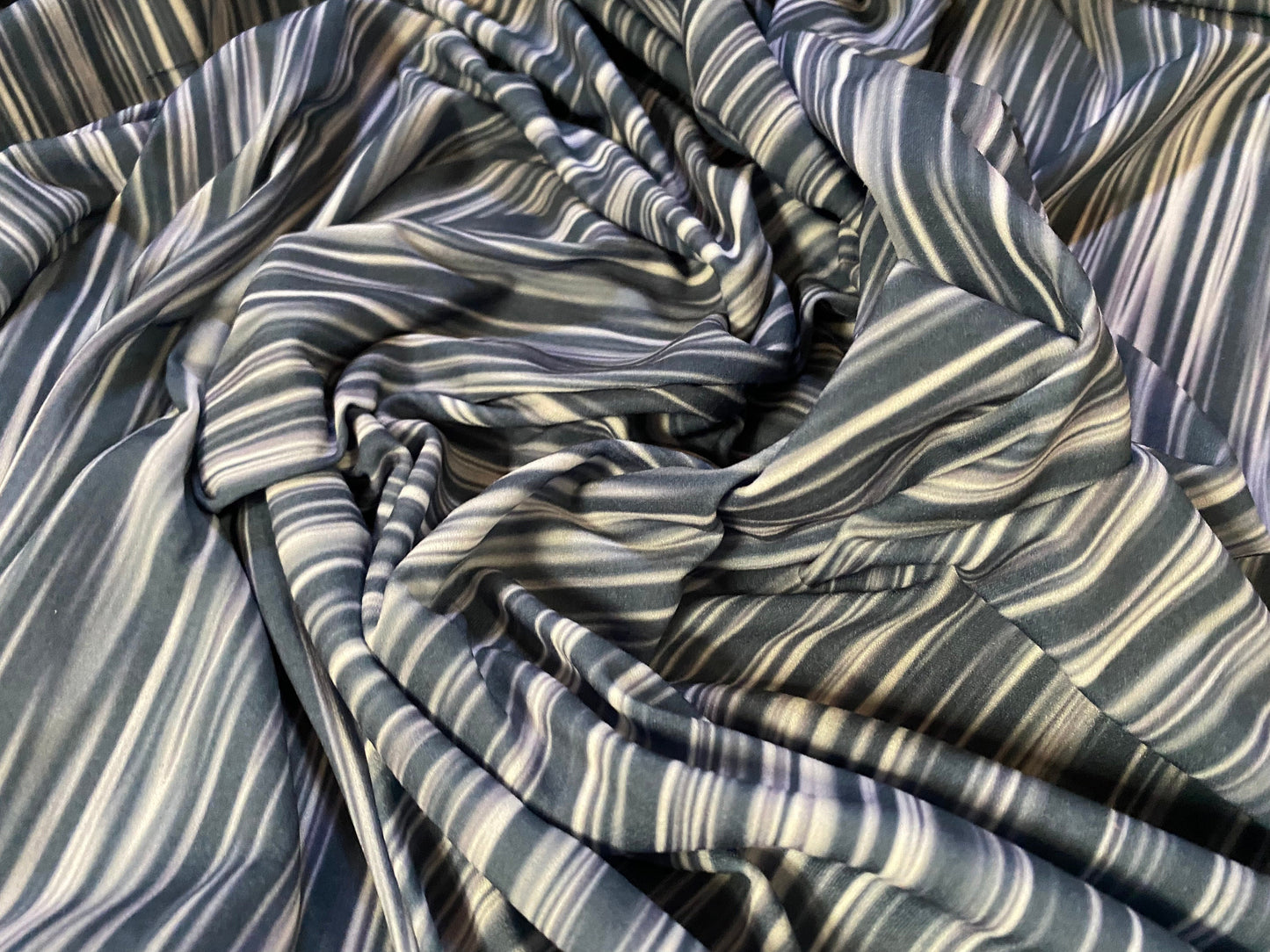 Single jersey mousse fabric, per metre - busy stripe print - blue