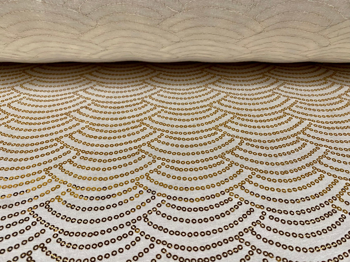 Viscose spandex stretch single jersey fabric, per metre - cream with gold metallic sequins fan design