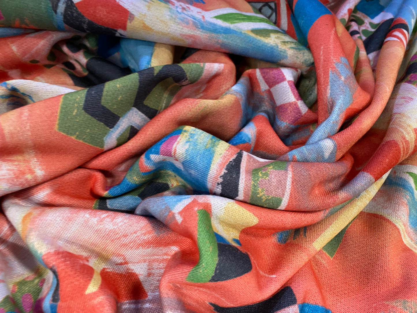 Sweatshirt fleece soft jersey fabric, per metre - funky geometric shapes print - coral