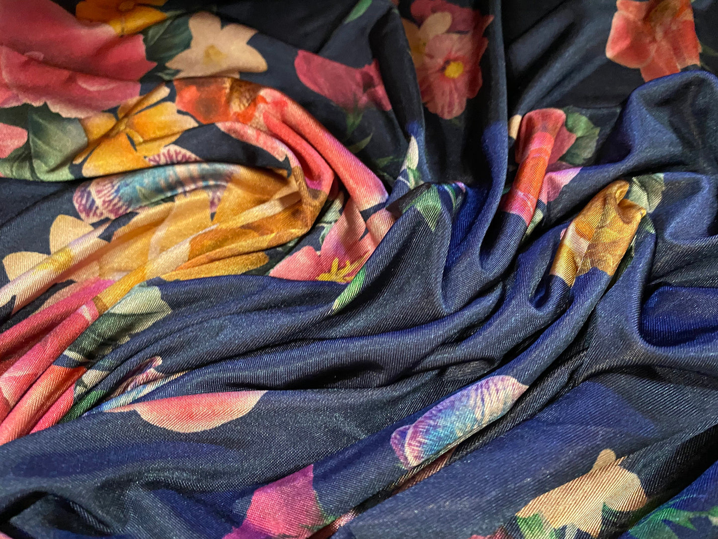 Disco shimmer stretch jersey fabric, per metre - rose flower border print - blue Orange pink
