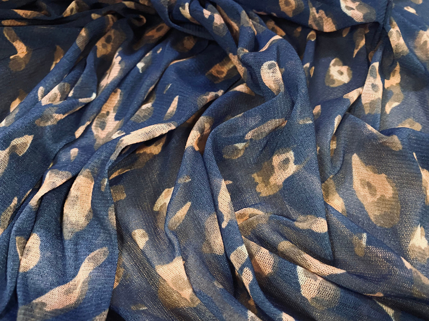 Stretch helenca mesh fabric, sheer, per metre - distressed Leopardskin print - navy & peach