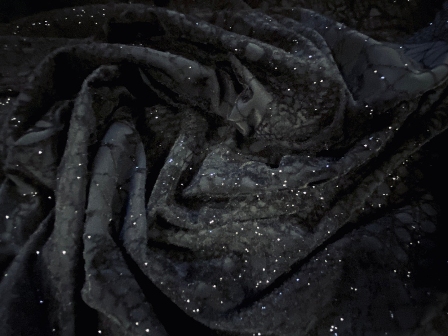 Stretch spandex jersey dress fabric, per metre - flocked Paisley print with glitter -black & black