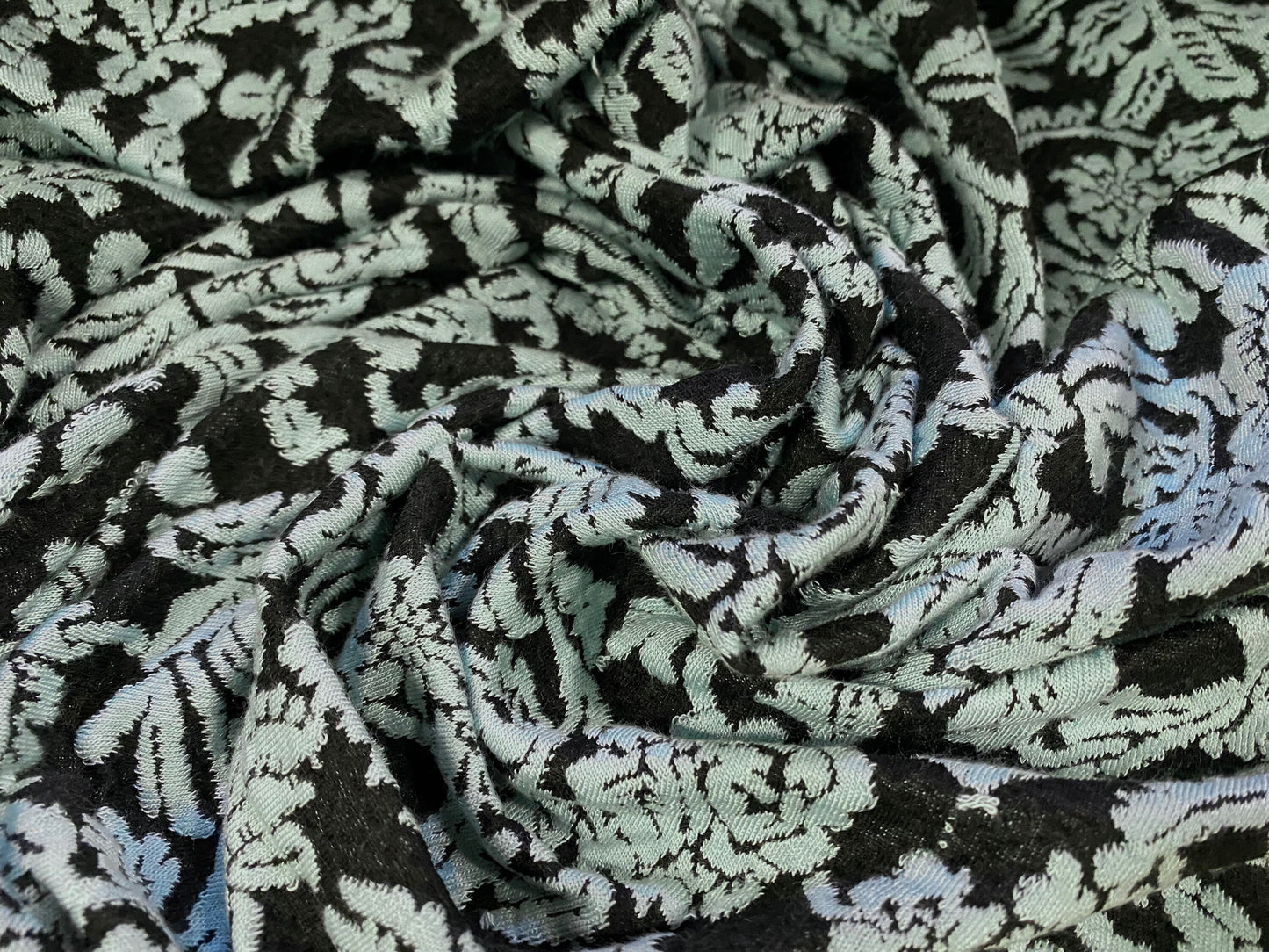 Stretch spandex floral Paisley jacquard double jersey fabric, per metre - black & mint