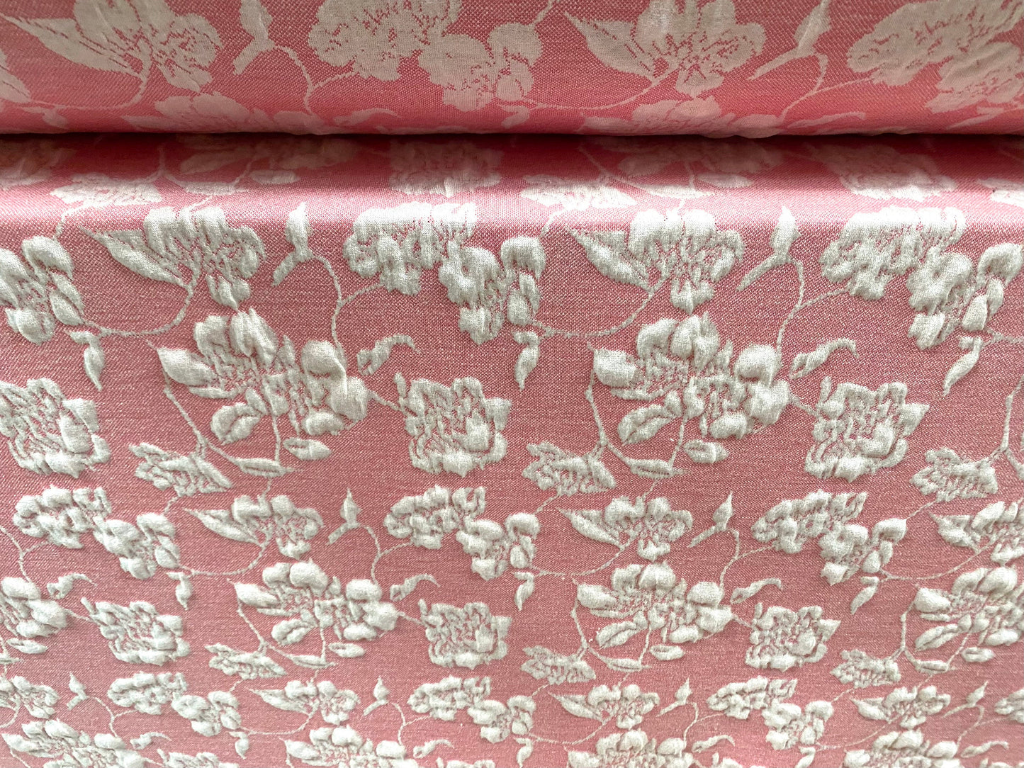 Stretch spandex floral jacquard double jersey fabric, per metre - pink & cream