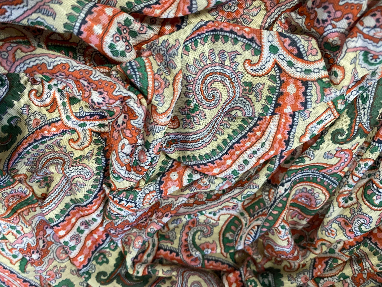Slub single jersey printed fabric, per metre - Paisley print - straw, Red & green
