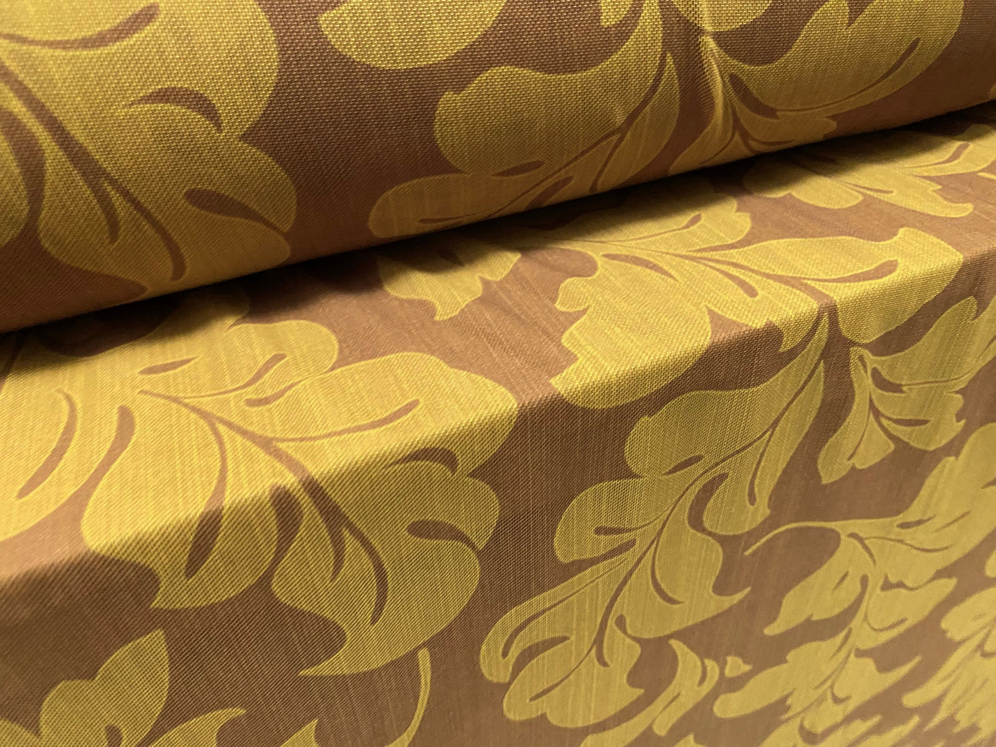 Power mesh net stretch fabric, per metre - leaf print - mustard