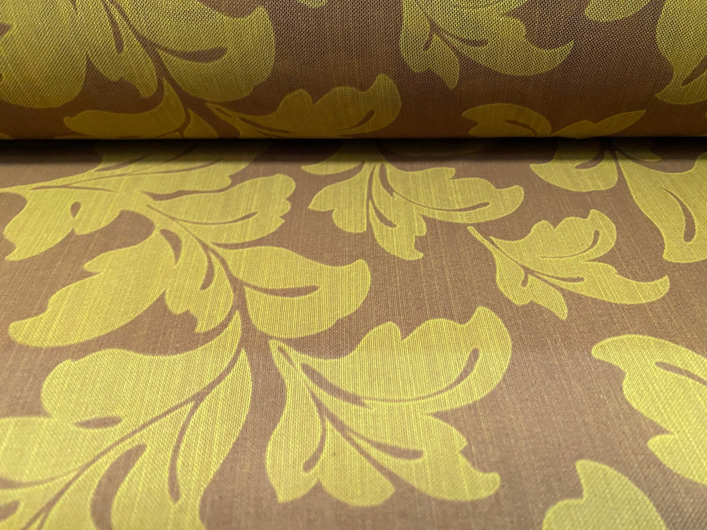 Power mesh net stretch fabric, per metre - leaf print - mustard
