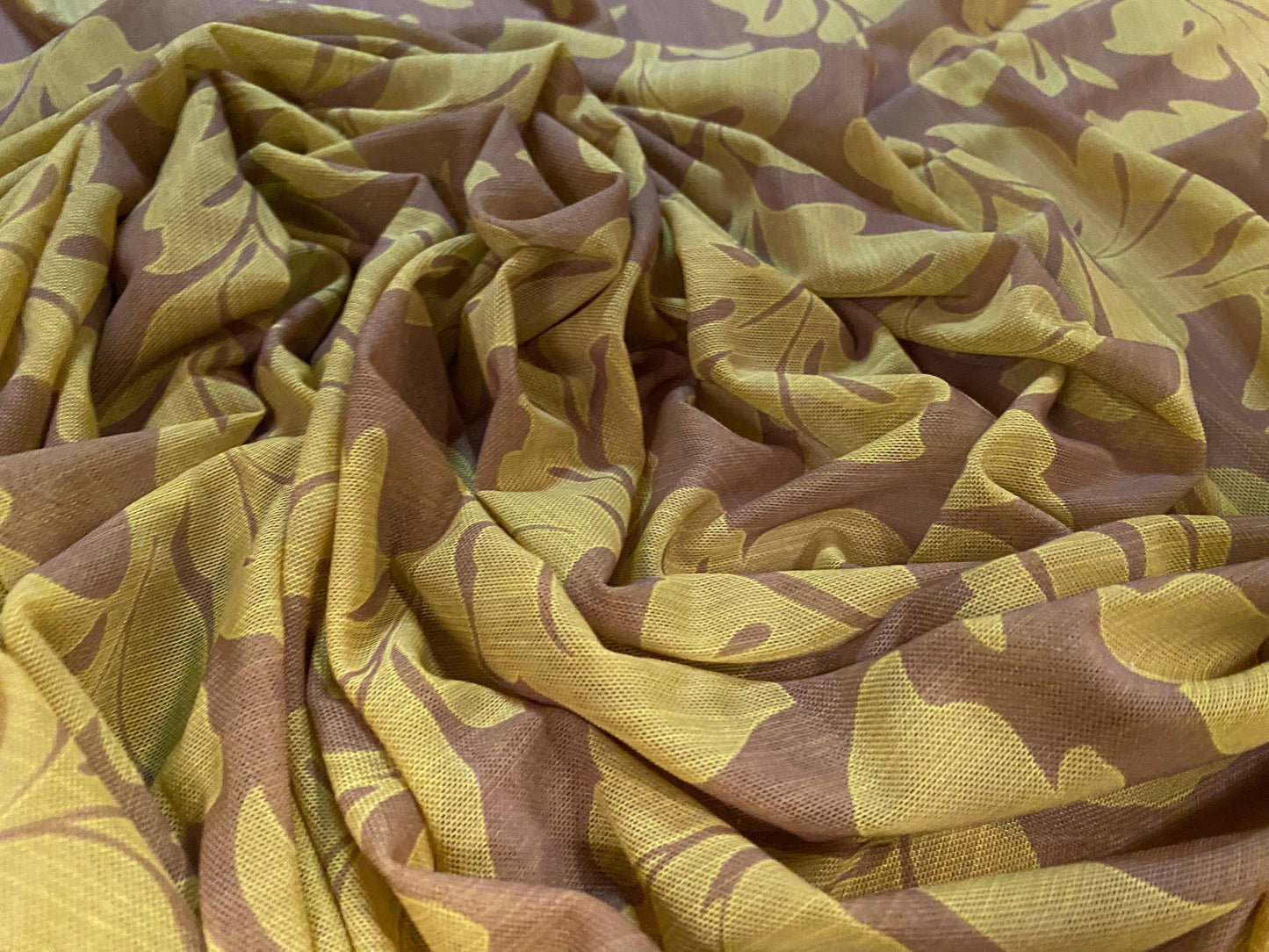 Power mesh net stretch fabric, per metre - leaf print - mustard