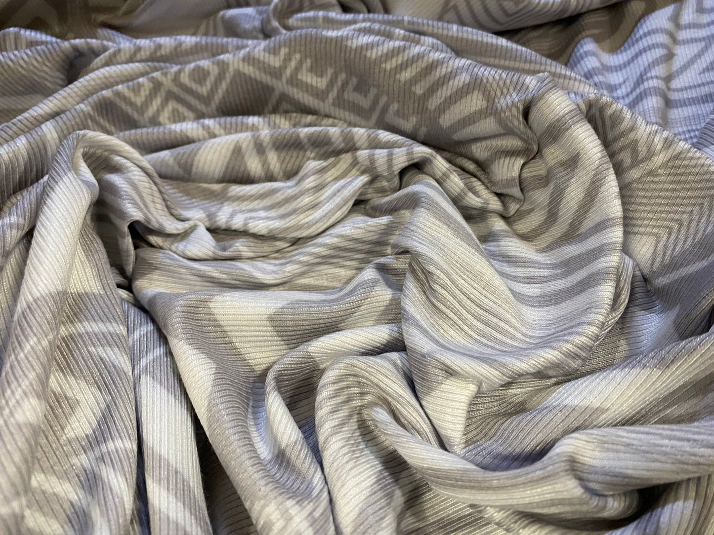 Spandex rib jersey fabric, per metre - tribal tattoo geometric print - white & light grey