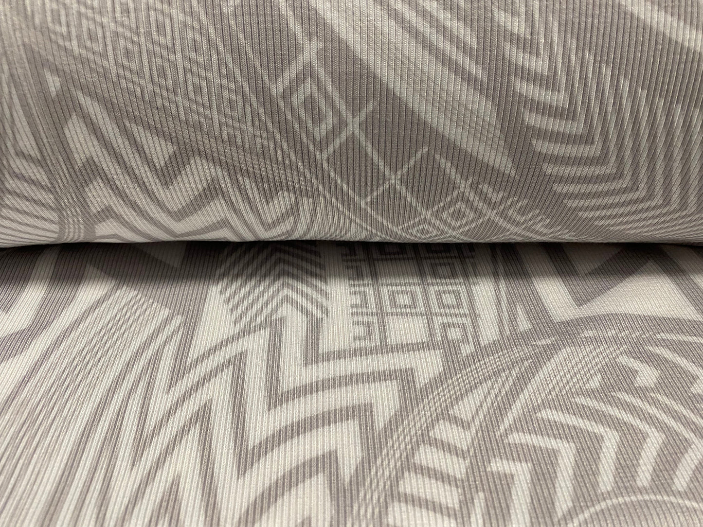 Spandex rib jersey fabric, per metre - tribal tattoo geometric print - white & light grey