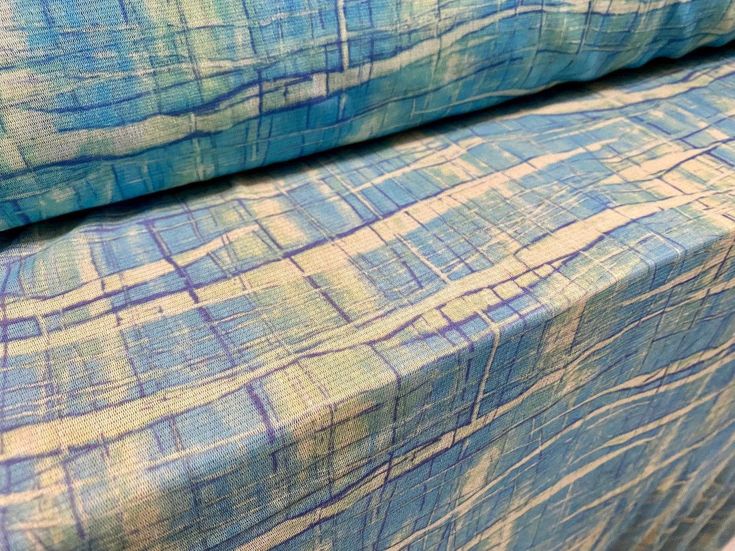 Stretch helenca mesh fabric, sheer, per metre - abstract check print - turquoise