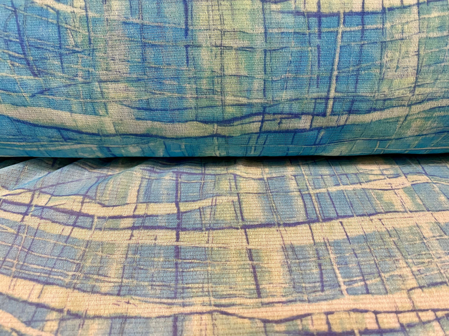 Stretch helenca mesh fabric, sheer, per metre - abstract check print - turquoise
