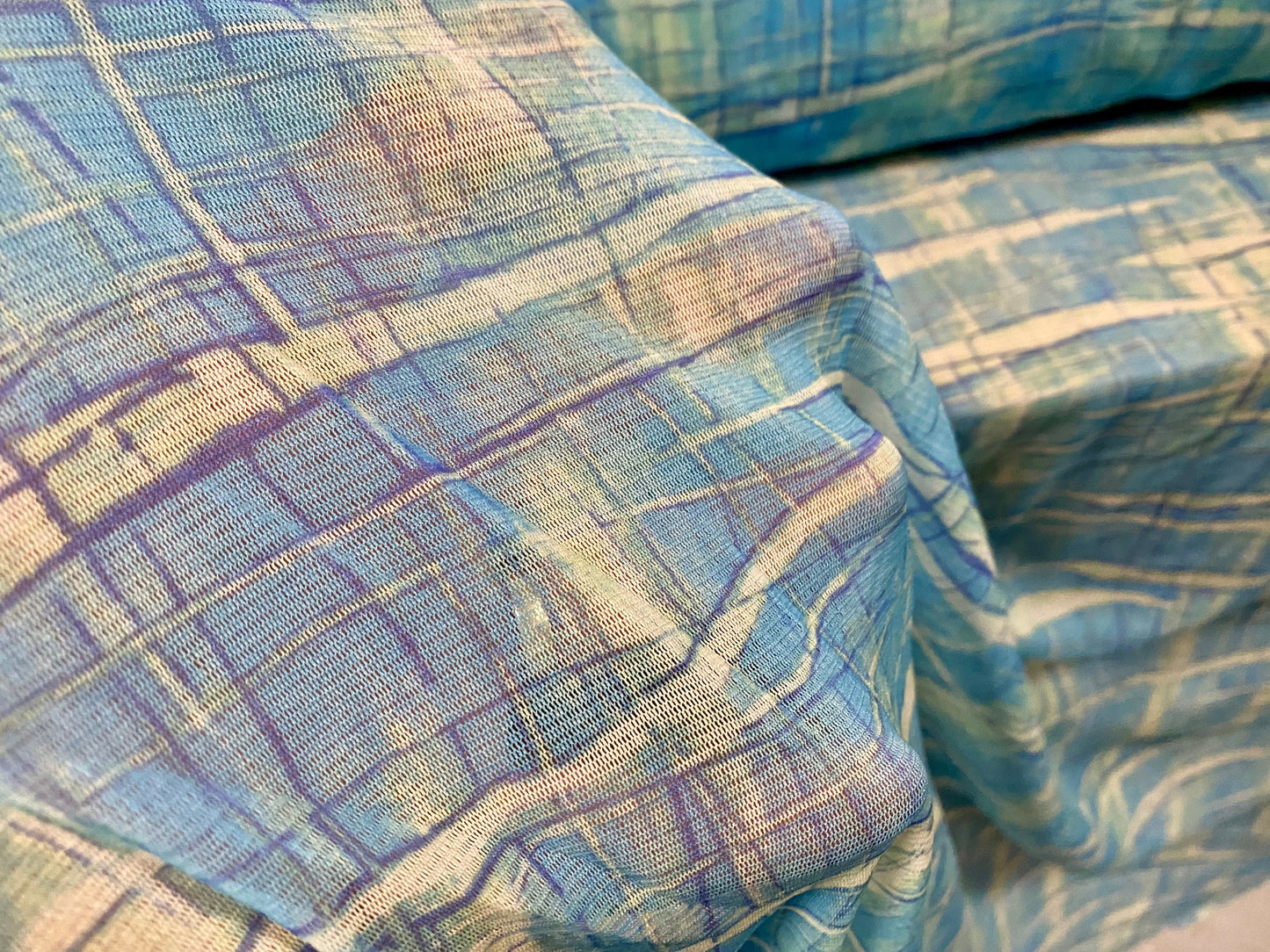 Stretch helenca mesh fabric, sheer, per metre - abstract check print - turquoise