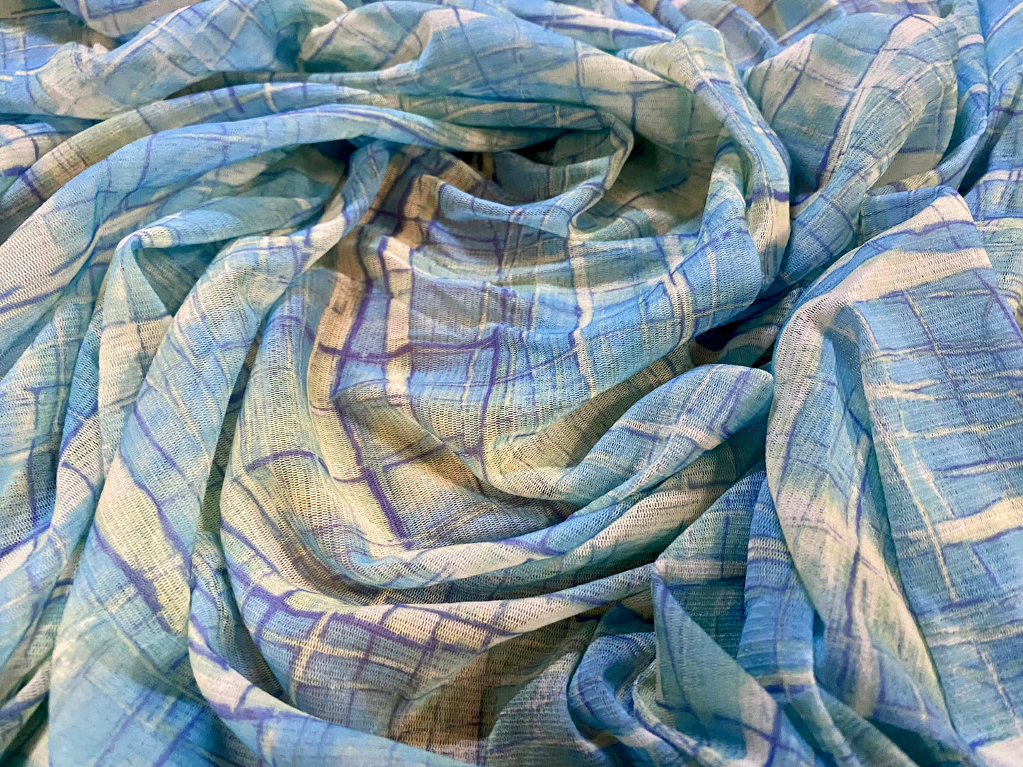 Stretch helenca mesh fabric, sheer, per metre - abstract check print - turquoise