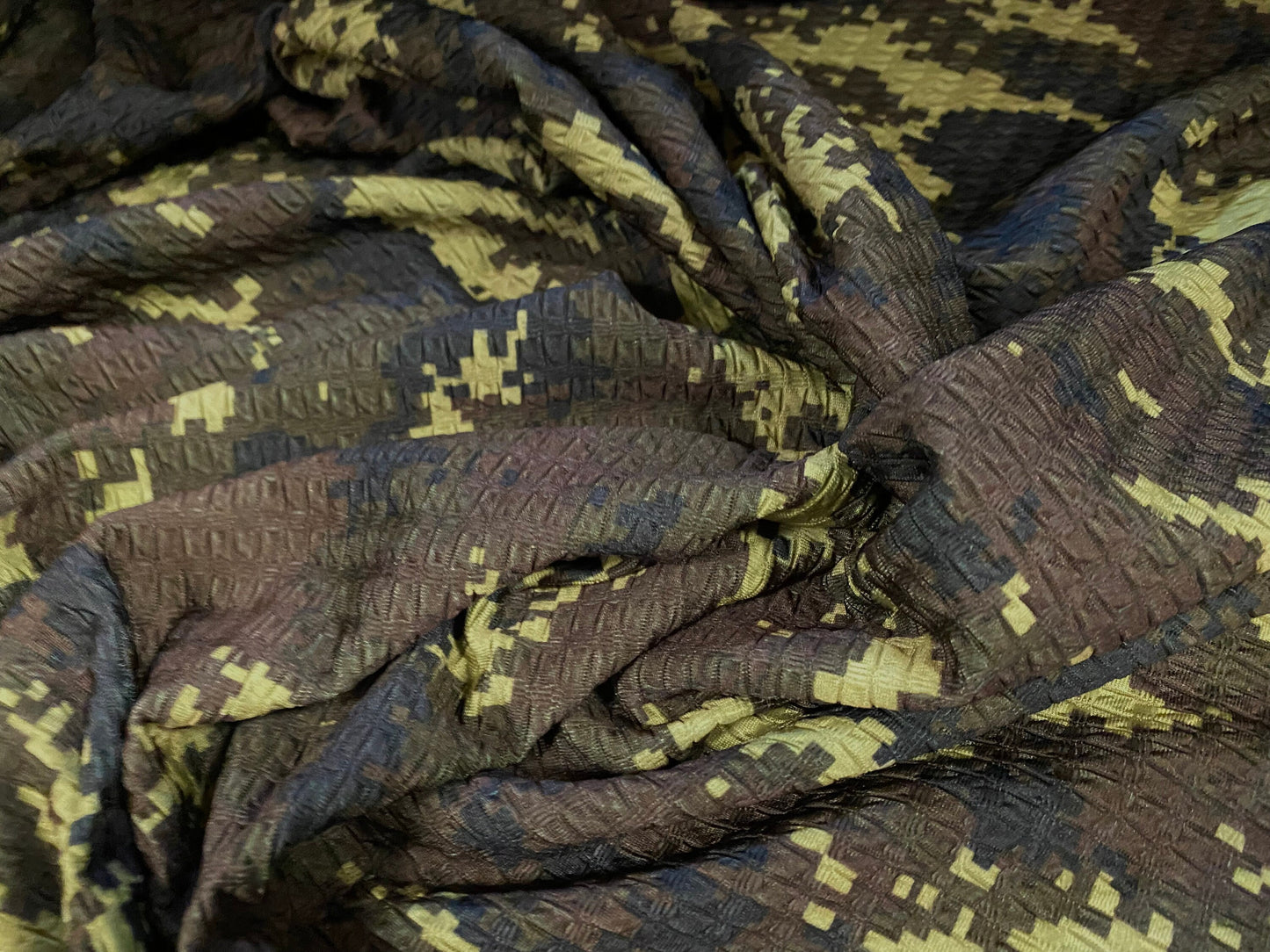Jacquard double jersey knit spandex dress fabric, per metre - pixelated camouflage print green