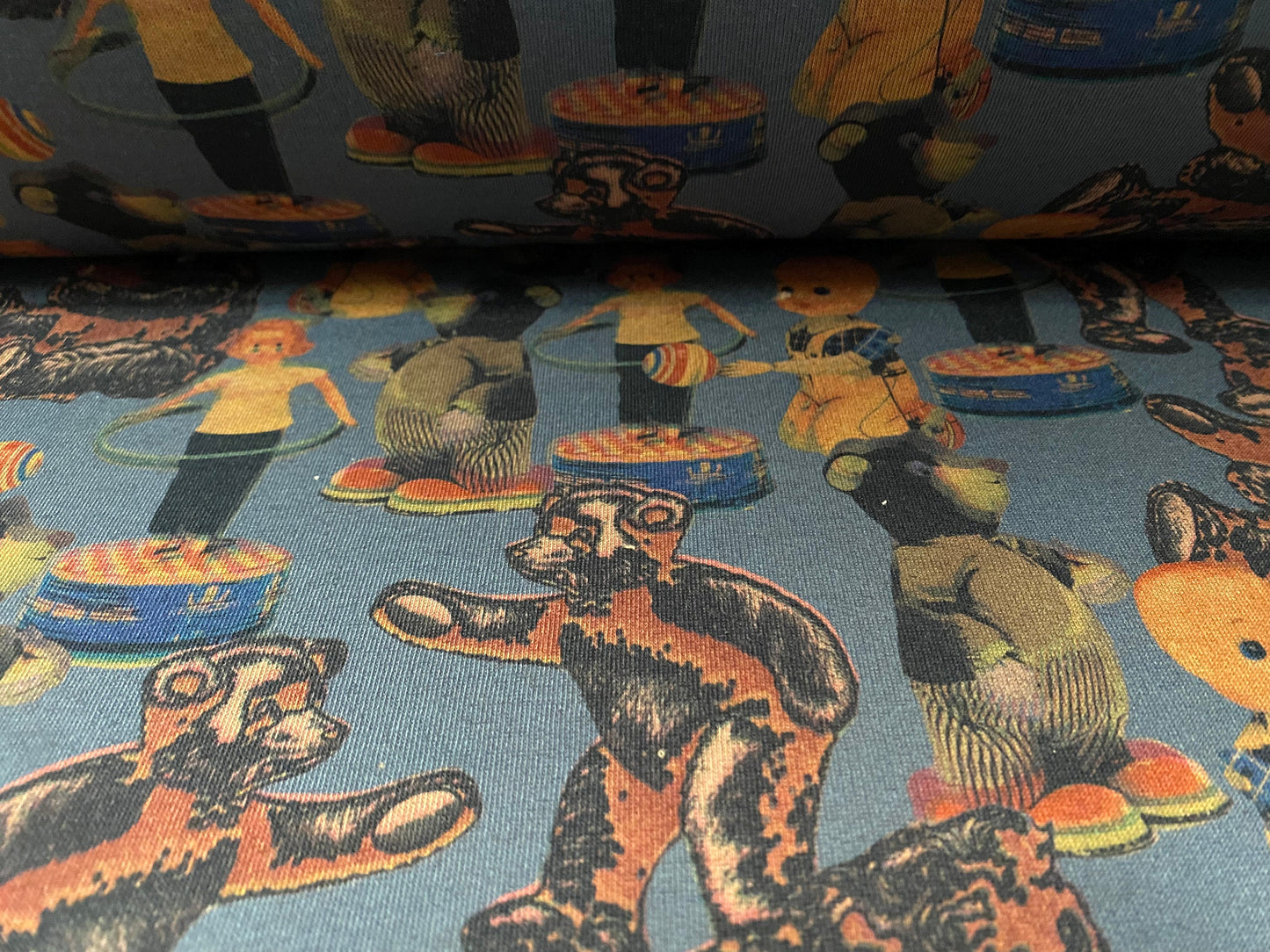 Sweatshirt fleece soft jersey fabric, per metre - toys and teddy bears children’s print - blue