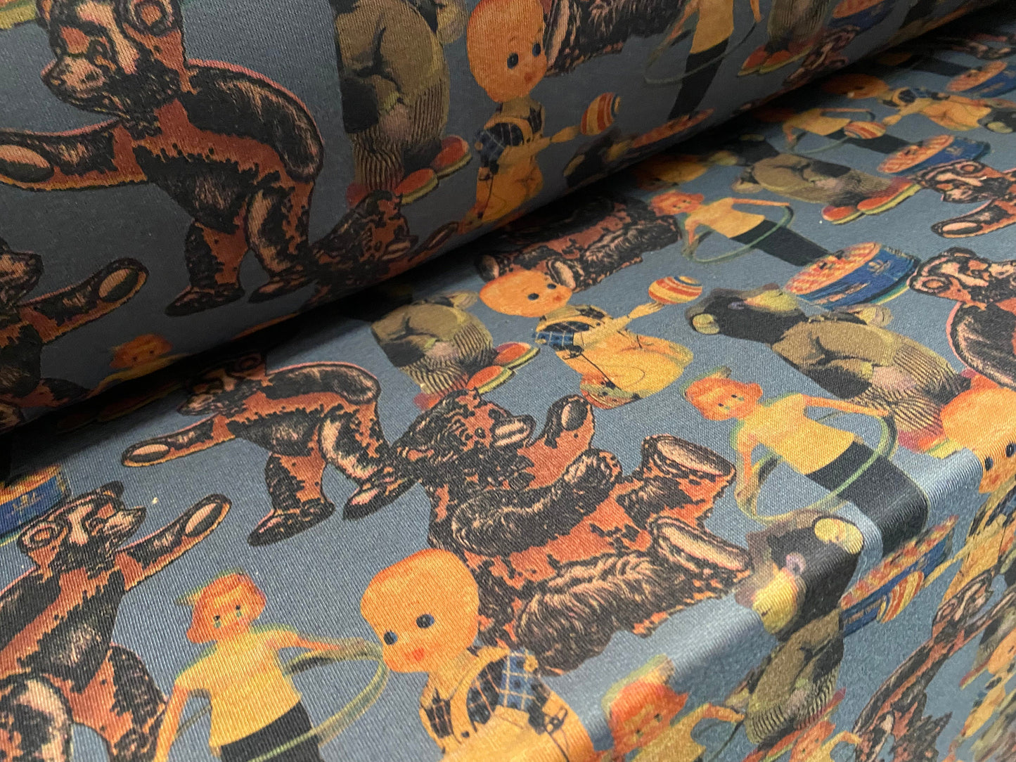 Sweatshirt fleece soft jersey fabric, per metre - toys and teddy bears children’s print - blue