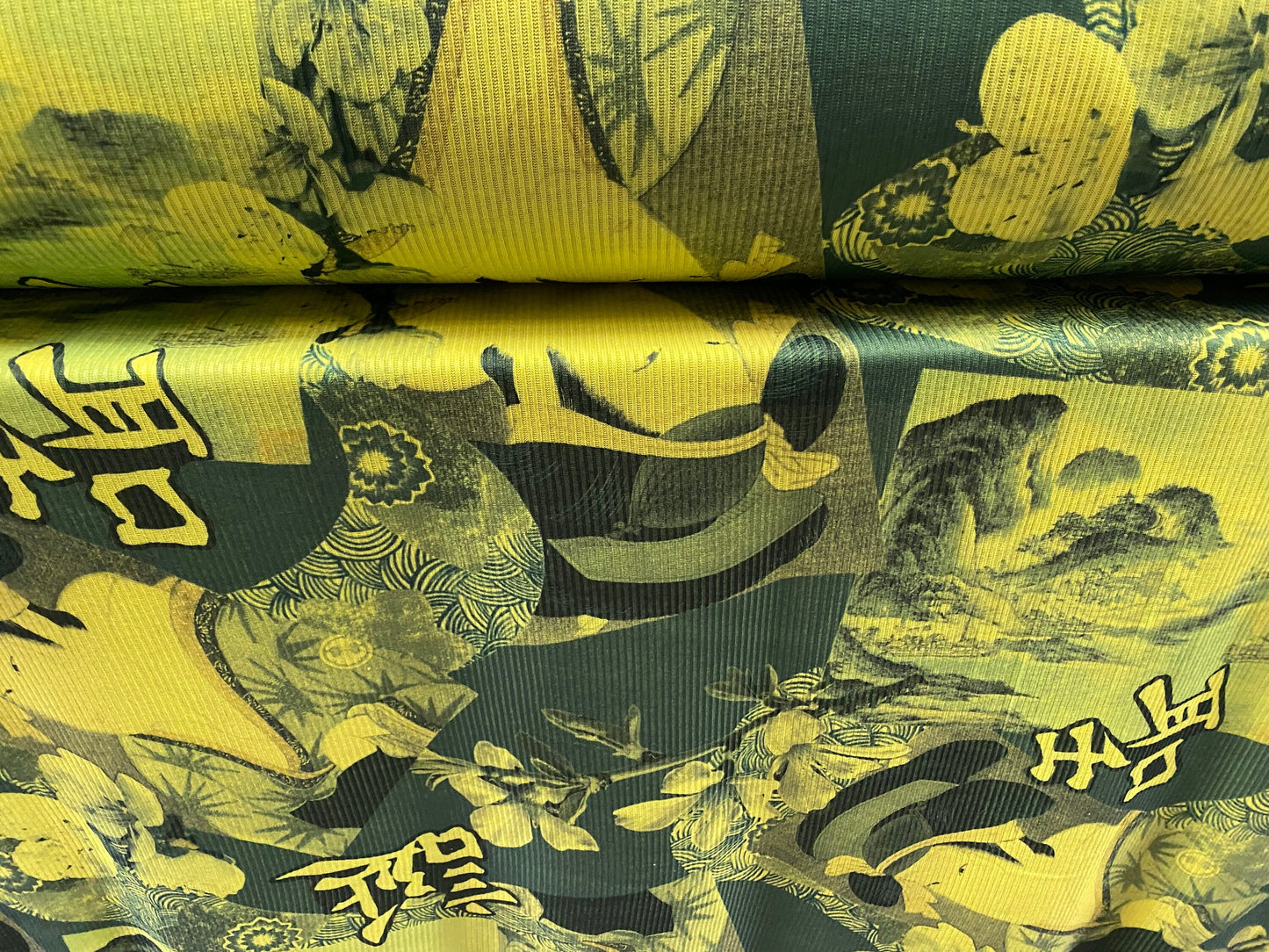 Spandex rib jersey fabric, per metre - Japanese geisha print - lime