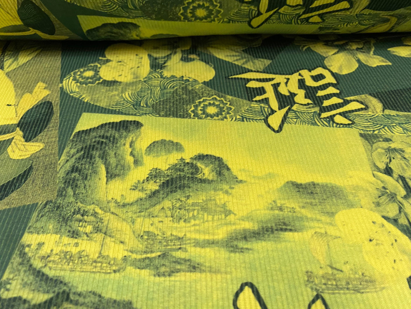 Spandex rib jersey fabric, per metre - Japanese geisha print - lime