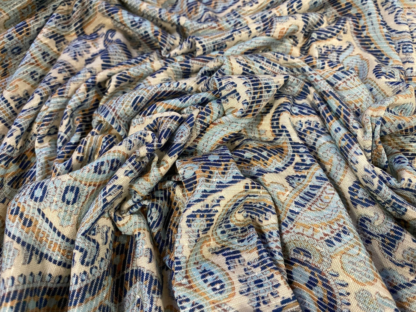 Slub single jersey printed fabric, per metre - Paisley print - cream & Turquoise