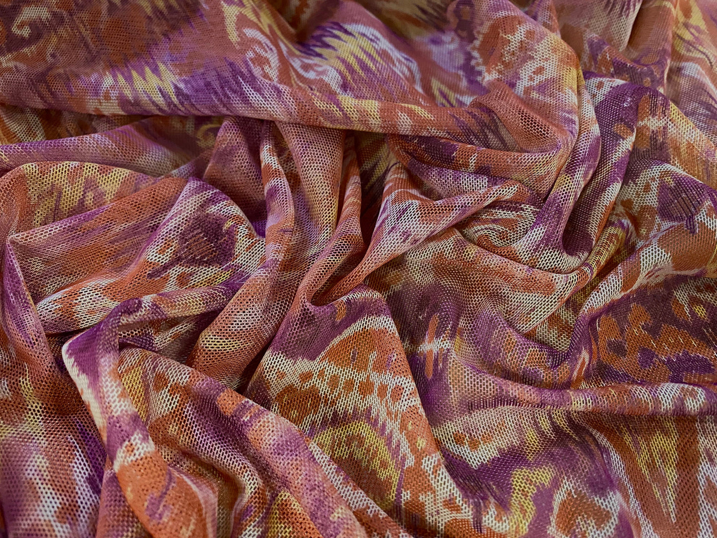 Stretch helenca mesh fabric, sheer, per metre - Aztec Inca print - coral purple