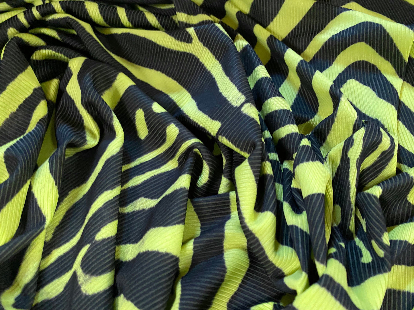 Stretch spandex rib jersey fabric, per metre - distressed zebra print - lime & black