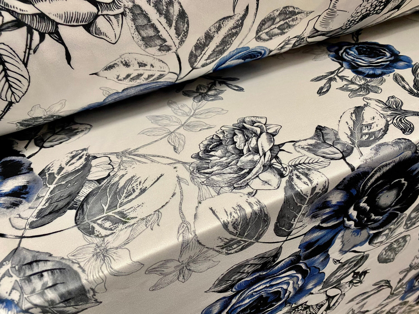 Scuba spandex stretch neoprene style jersey fashion fabric, per metre - white with blue rose flower print