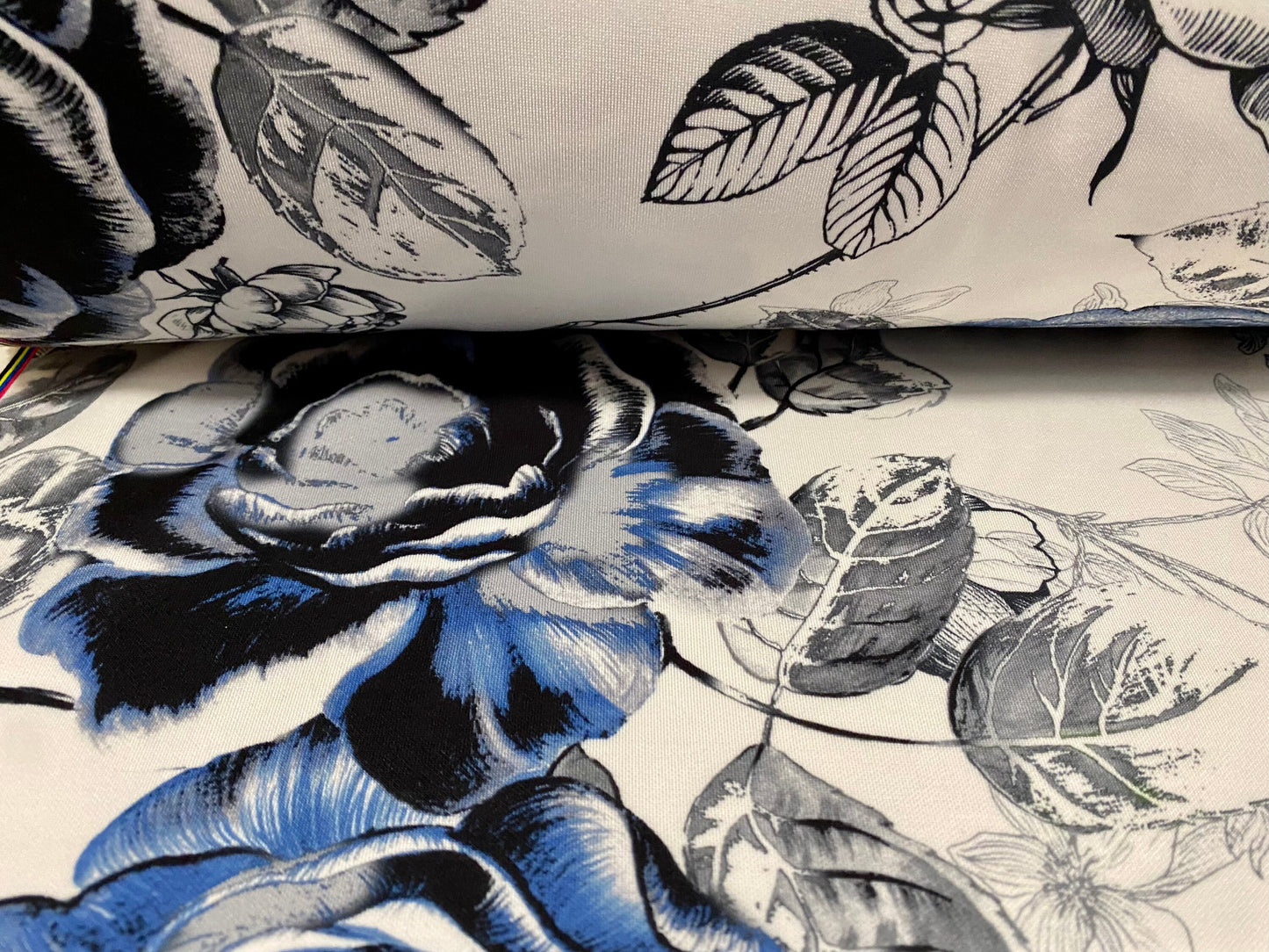 Scuba spandex stretch neoprene style jersey fashion fabric, per metre - white with blue rose flower print