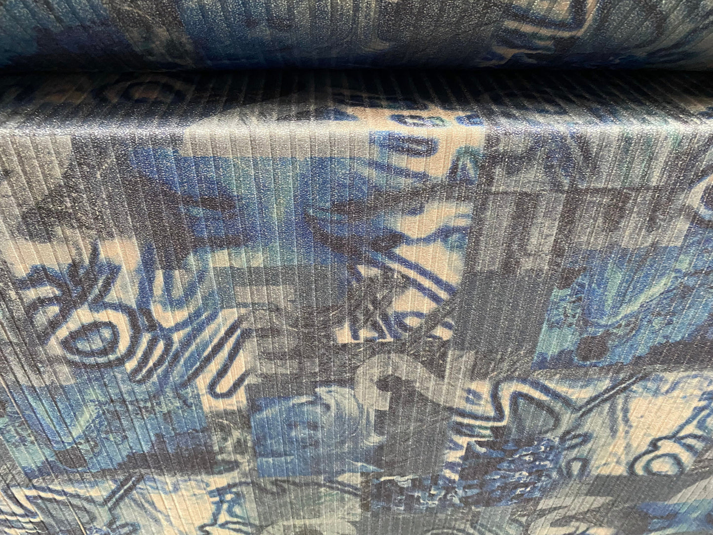 Metallic Spandex rib jersey fabric, per metre - festival graffiti print - blue