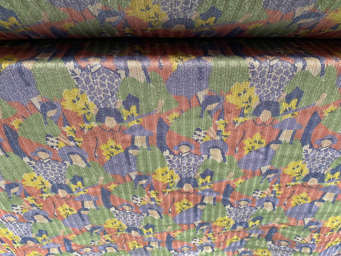 Metallic Spandex rib jersey fabric, per metre - flower women with pigtails print - pink green blue