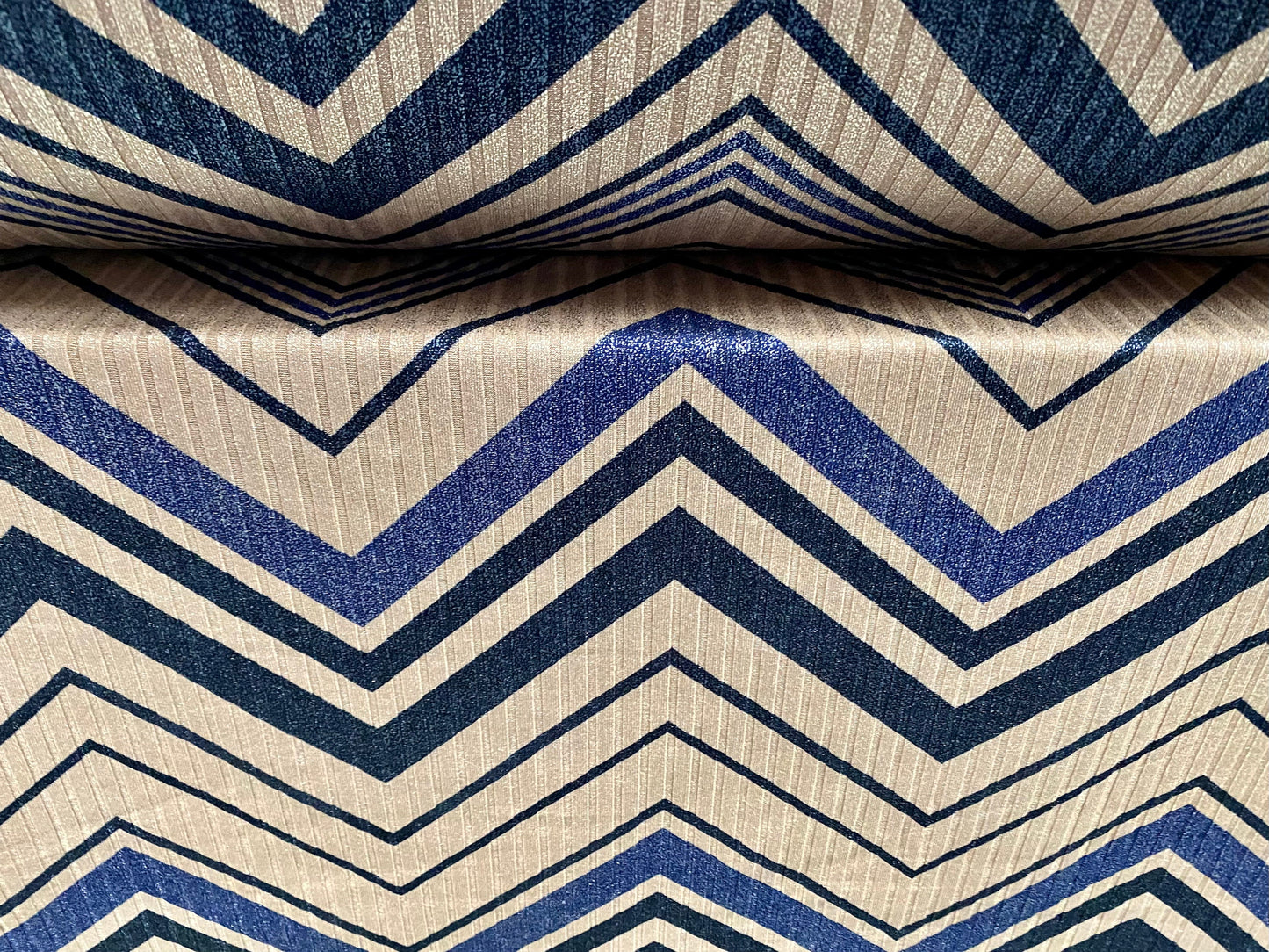 Metallic Spandex rib jersey fabric, per metre - jumbo chevron print - blue stone