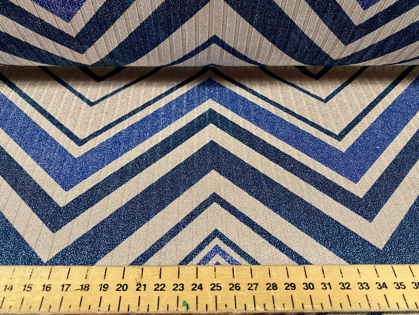 Metallic Spandex rib jersey fabric, per metre - jumbo chevron print - blue stone
