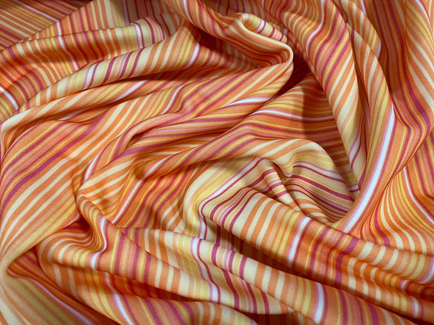 Scuba spandex stretch neoprene style jersey fabric, per metre - Orange stripe print
