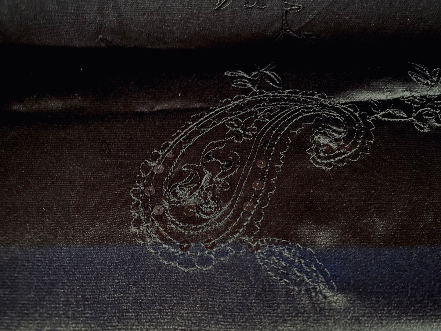 Silky Stretch satin dress fabric, per metre - paisley embroidery with sequins - black