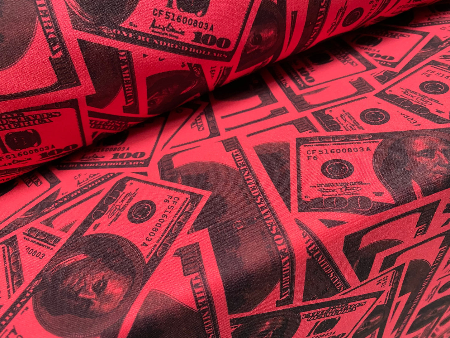 Scuba spandex neoprene style stretch jersey fabric, per metre - hundred dollar bill print - cerise