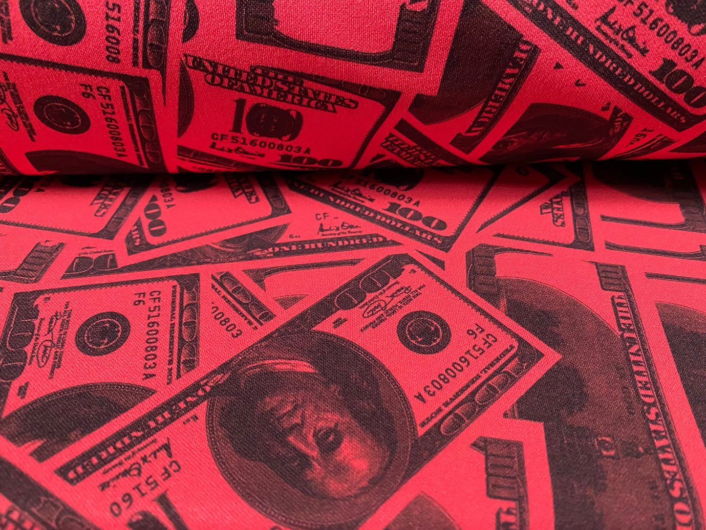 Scuba spandex neoprene style stretch jersey fabric, per metre - hundred dollar bill print - cerise