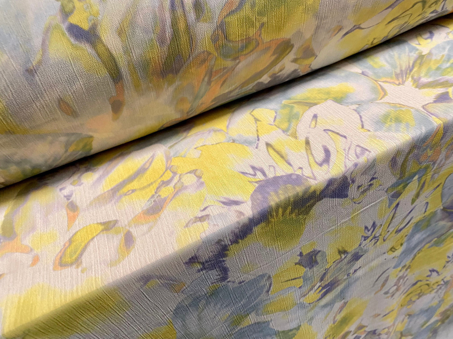 Printed chiffon yoryu dress blouse fabric, per metre - watercolour floral - pastel lemon & blue