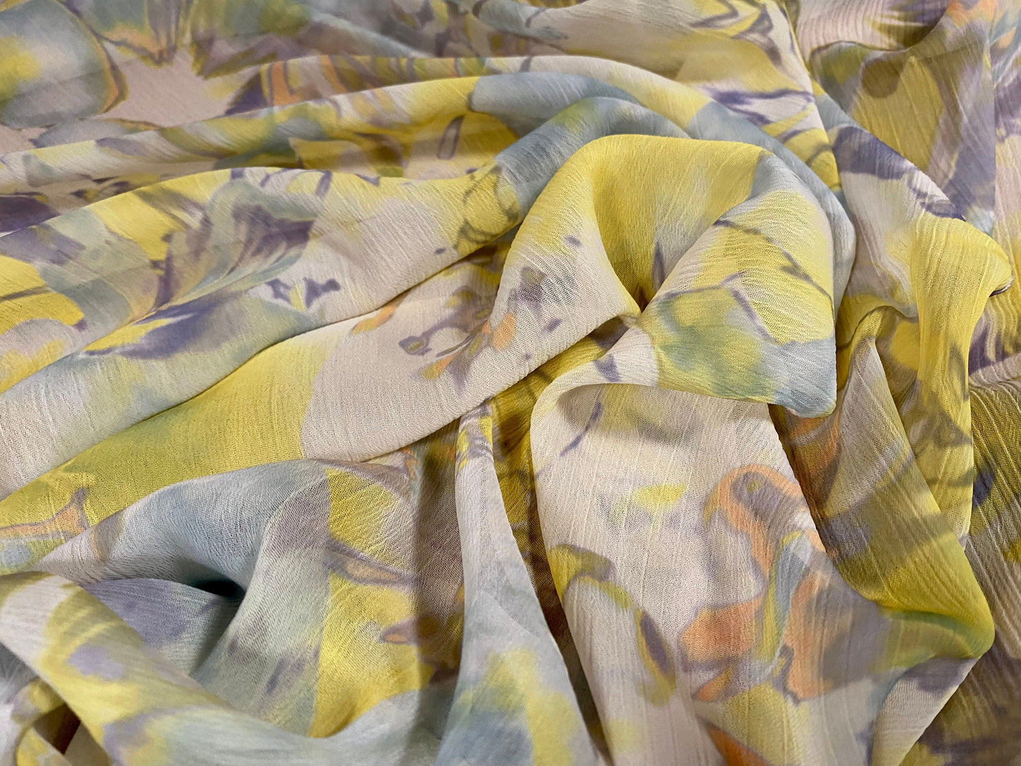 Printed chiffon yoryu dress blouse fabric, per metre - watercolour floral - pastel lemon & blue