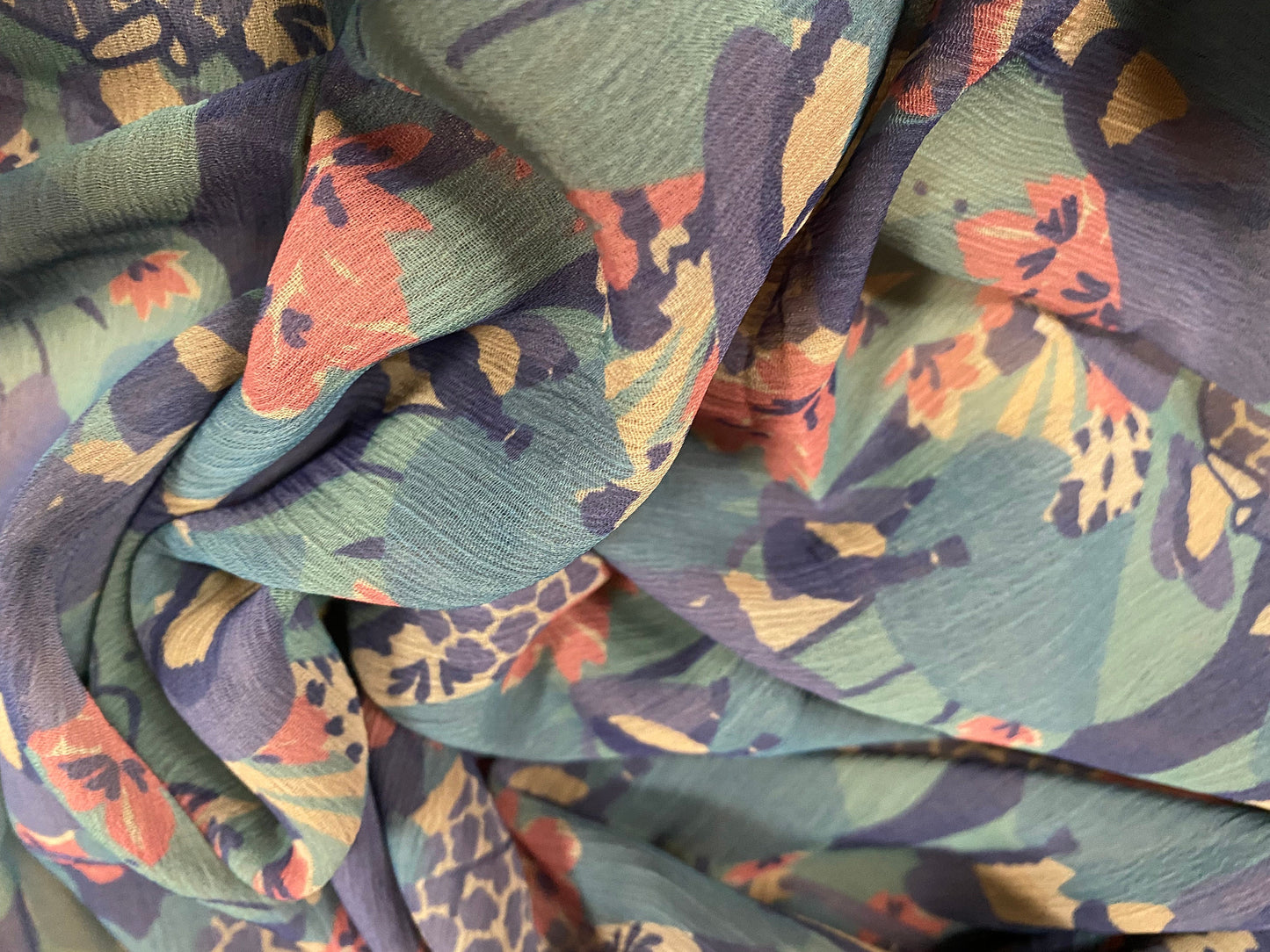 Printed chiffon yoryu dress blouse fabric, per metre - flower women print - teal & pink