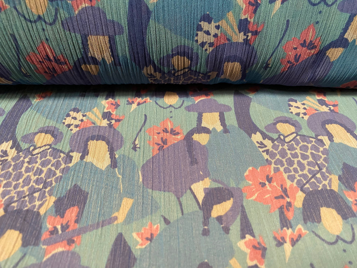 Printed chiffon yoryu dress blouse fabric, per metre - flower women print - teal & pink