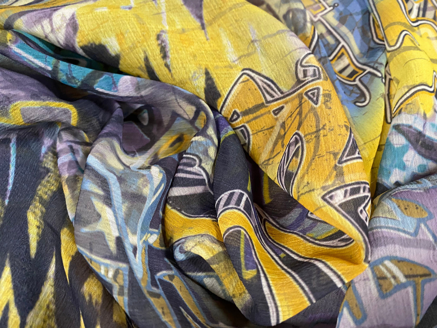 Printed chiffon yoryu dress blouse fabric, per metre - urban graffiti print - yellow & purple