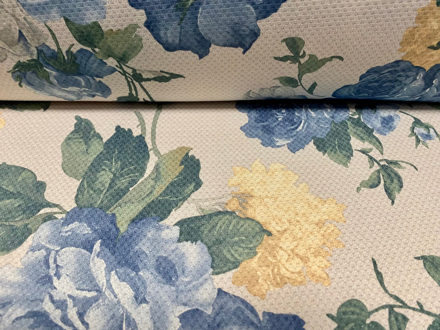 Jacquard jersey textured dress fabric, per metre - pale grey with blue Rose print