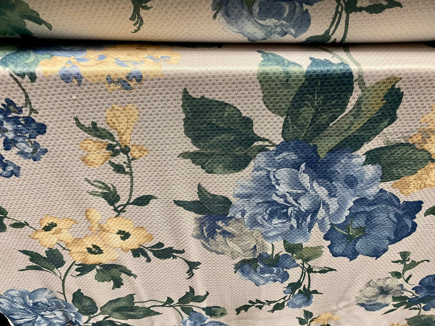 Jacquard jersey textured dress fabric, per metre - pale grey with blue Rose print