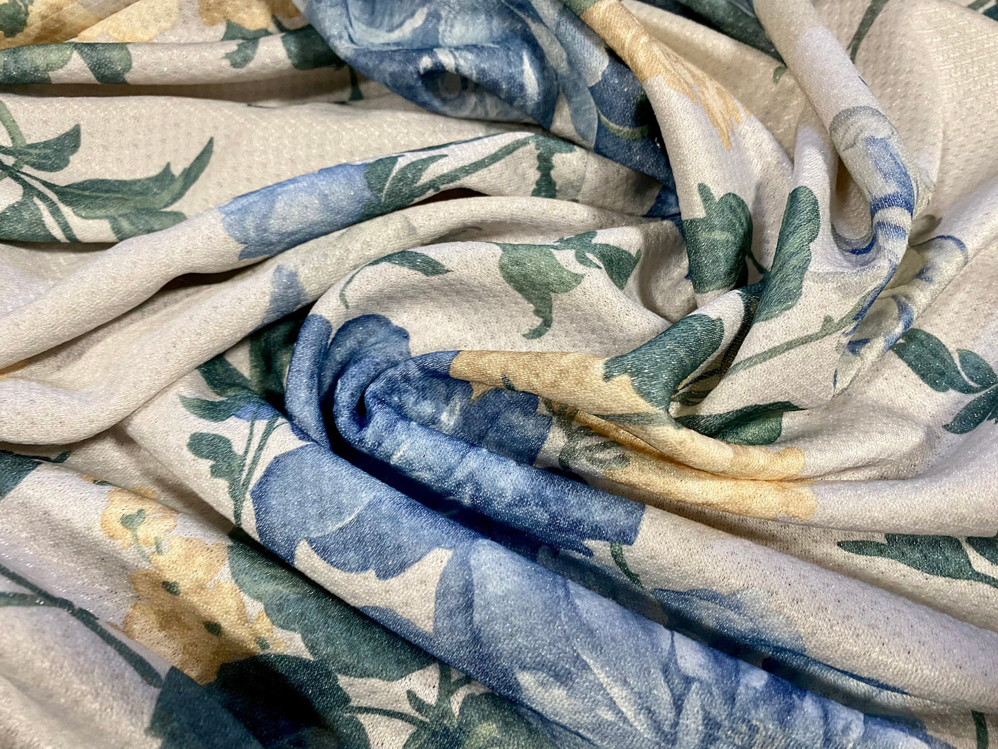 Jacquard jersey textured dress fabric, per metre - pale grey with blue Rose print