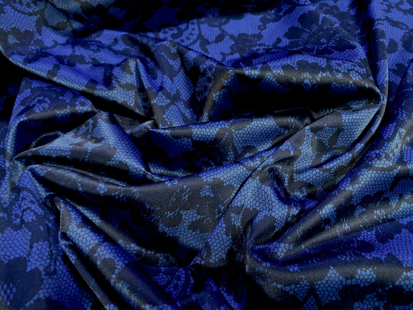 Stretch sateen woven dress fabric, per metre - lace print - royal blue & black